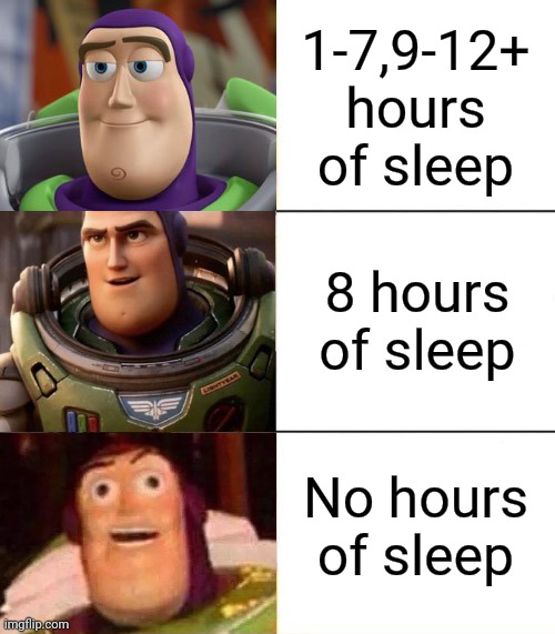Take a nap if you need it | 1-7,9-12+ hours of sleep; 8 hours of sleep; No hours of sleep | image tagged in better best blurst lightyear edition,memes,funny | made w/ Imgflip meme maker