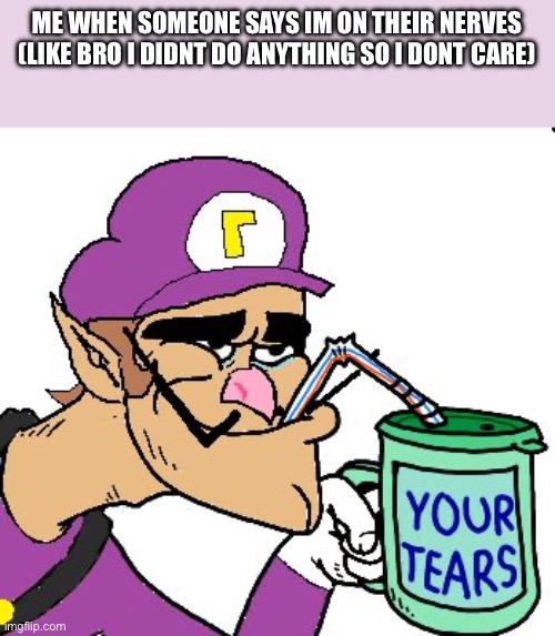 Waluigi Drinking Tears | ME WHEN SOMEONE SAYS IM ON THEIR NERVES (LIKE BRO I DIDNT DO ANYTHING SO I DONT CARE) | image tagged in waluigi drinking tears | made w/ Imgflip meme maker