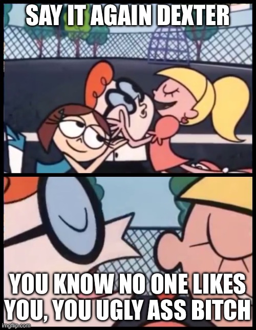 Say it Again, Dexter | SAY IT AGAIN DEXTER; YOU KNOW NO ONE LIKES YOU, YOU UGLY ASS BITCH | image tagged in memes,say it again dexter | made w/ Imgflip meme maker