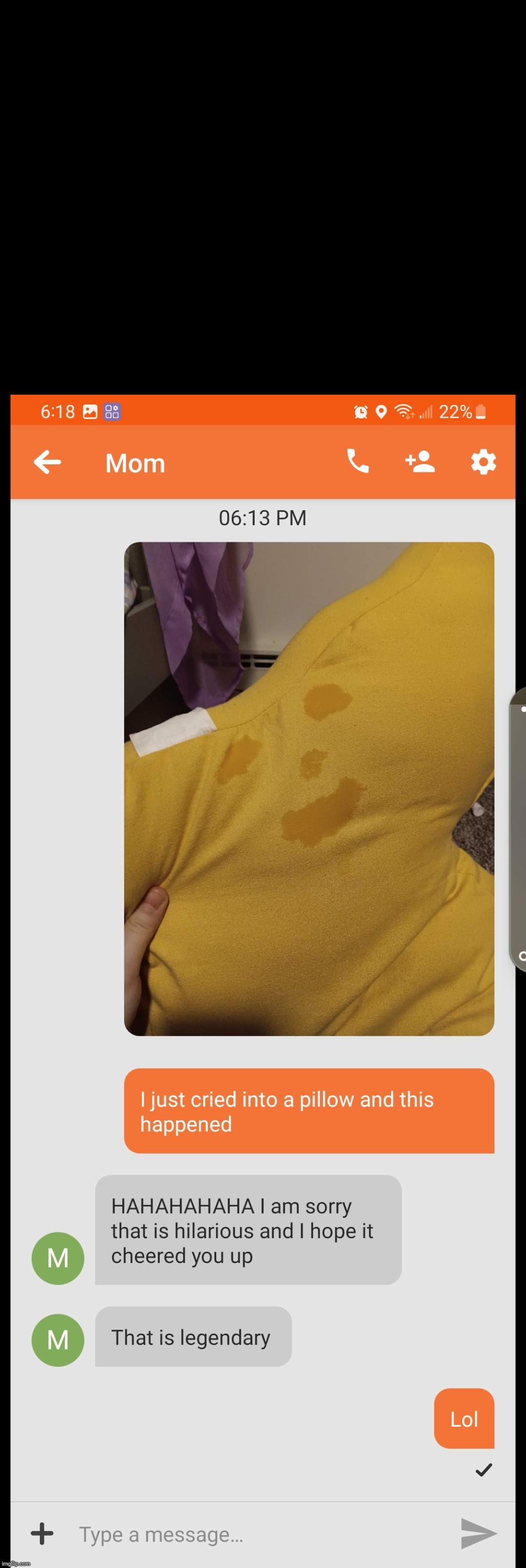 A conversation between me and my mom | image tagged in crying happy face pillow | made w/ Imgflip meme maker