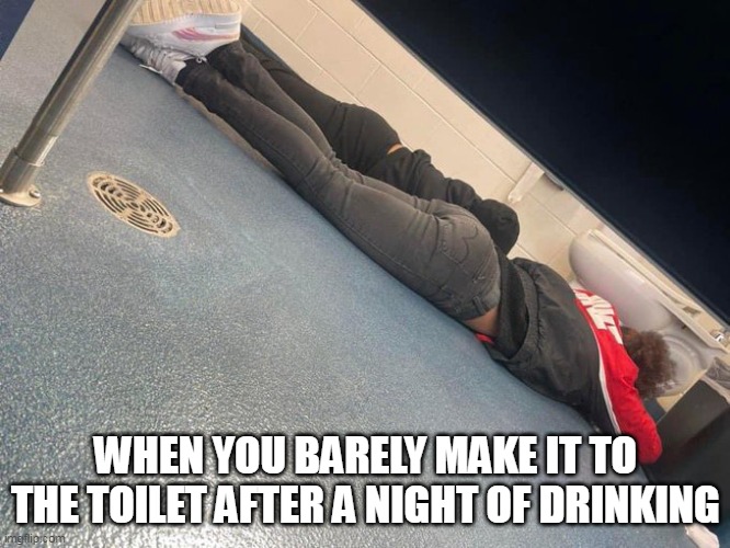 When you barely make it to the toilet after a night of drinking | WHEN YOU BARELY MAKE IT TO THE TOILET AFTER A NIGHT OF DRINKING | image tagged in passed out,fun,drinking,bathroom,toilet | made w/ Imgflip meme maker