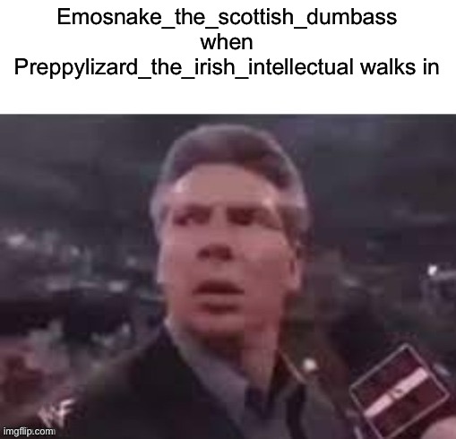 x when x walks in | Emosnake_the_scottish_dumbass when Preppylizard_the_irish_intellectual walks in | image tagged in x when x walks in | made w/ Imgflip meme maker
