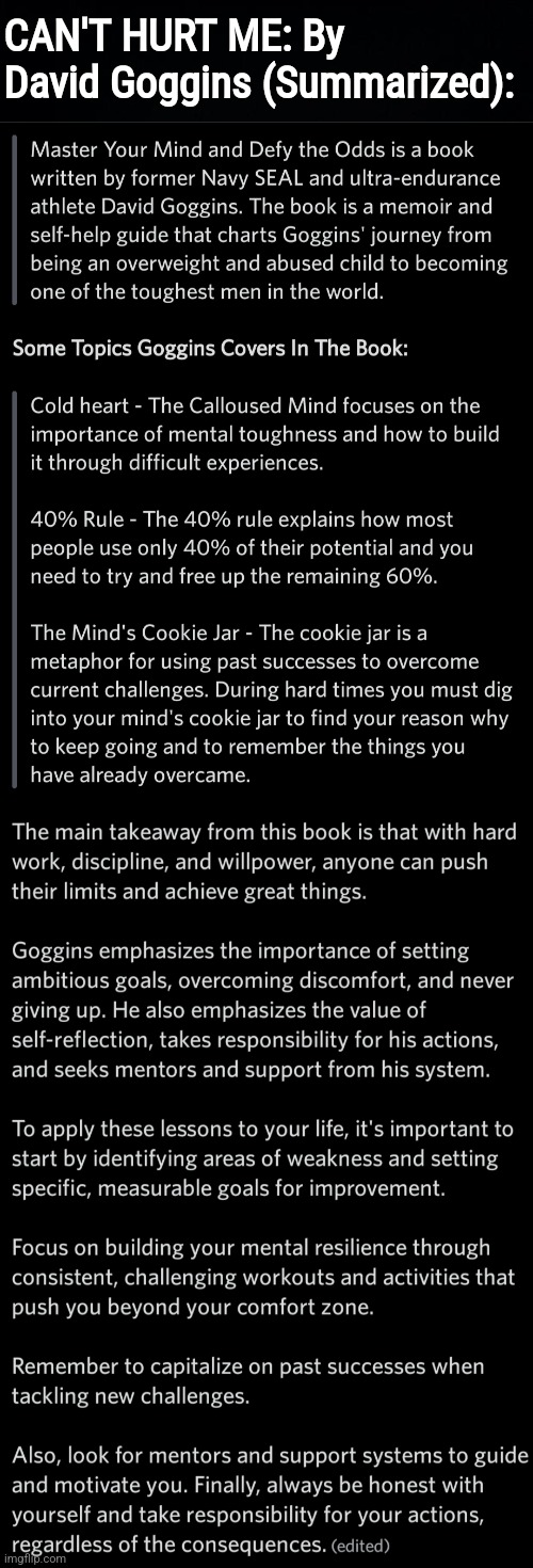 CAN'T HURT ME: By David Goggins (Summarized): | CAN'T HURT ME: By David Goggins (Summarized): | image tagged in simothefinlandized,success,infographics,tutorial | made w/ Imgflip meme maker