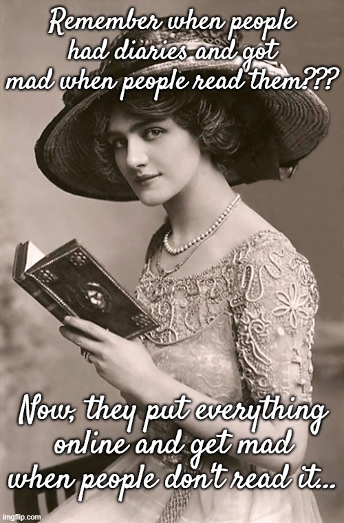 Remember when... | Remember when people had diaries and got mad when people read them??? Now, they put everything online and get mad when people don't read it... | image tagged in diary,read,online,don't | made w/ Imgflip meme maker