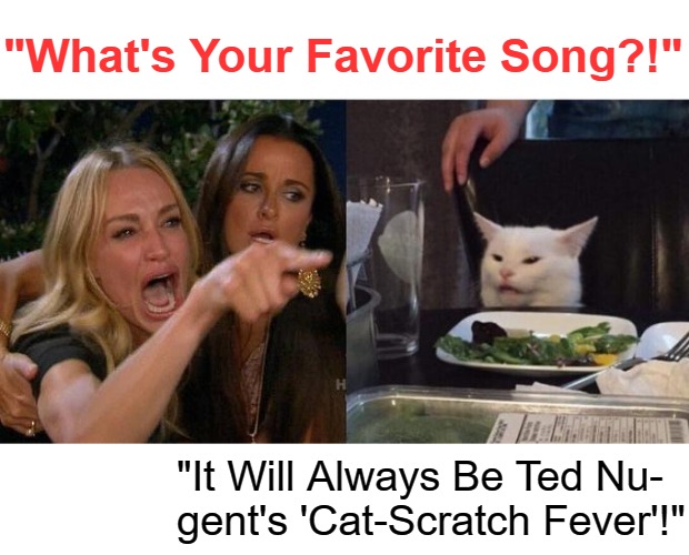 Rockin' Kittens | "What's Your Favorite Song?!"; "It Will Always Be Ted Nu-

gent's 'Cat-Scratch Fever'!" | image tagged in woman yelling at cat,fun memes,cats,music taste,ted nugent,outside voices inside | made w/ Imgflip meme maker