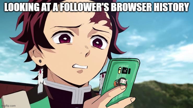 Disappointed Tanjiro | LOOKING AT A FOLLOWER'S BROWSER HISTORY | image tagged in tanjiro disgust | made w/ Imgflip meme maker