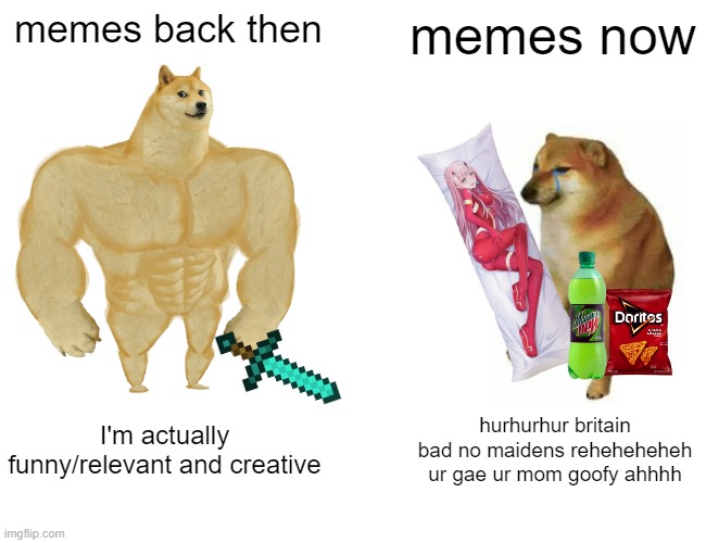 lord save me from the monstrosity that is gen alpha | memes back then; memes now; I'm actually funny/relevant and creative; hurhurhur britain bad no maidens reheheheheh ur gae ur mom goofy ahhhh | image tagged in memes,buff doge vs cheems | made w/ Imgflip meme maker