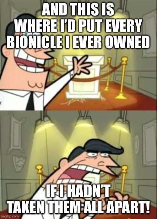 *sobs* so true. | AND THIS IS WHERE I’D PUT EVERY BIONICLE I EVER OWNED; IF I HADN’T TAKEN THEM ALL APART! | image tagged in memes,this is where i'd put my trophy if i had one | made w/ Imgflip meme maker