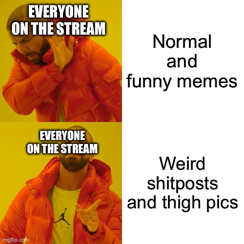 MSMG in a nutshell | Normal and funny memes; EVERYONE ON THE STREAM; EVERYONE ON THE STREAM; Weird shitposts and thigh pics | image tagged in memes,drake hotline bling | made w/ Imgflip meme maker