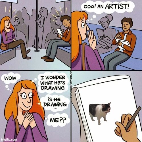 he's drawing a cat | image tagged in i wonder what he's drawing blank | made w/ Imgflip meme maker