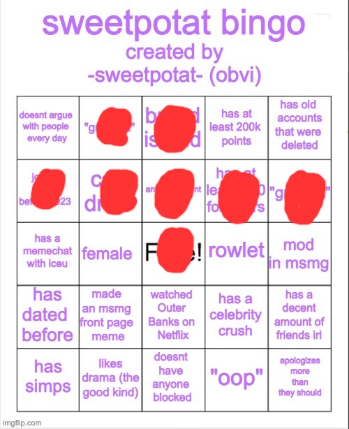 sweetpotat bingo! | image tagged in sweetpotat bingo | made w/ Imgflip meme maker