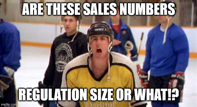 Happy Gilmore Regulation Net meme | ARE THESE SALES NUMBERS; REGULATION SIZE OR WHAT!? | image tagged in happy gilmore hockey | made w/ Imgflip meme maker