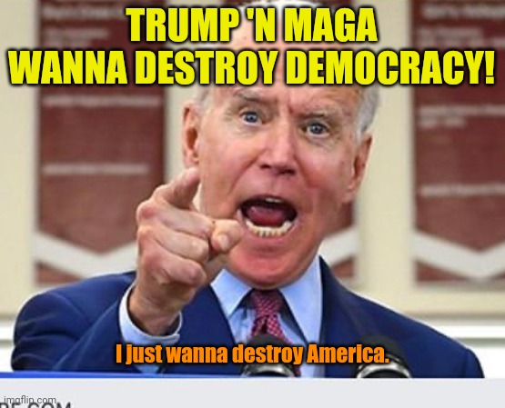 And I'm crushin' it... No malarkey!!! | TRUMP 'N MAGA WANNA DESTROY DEMOCRACY! I just wanna destroy America. | image tagged in joe biden no malarkey | made w/ Imgflip meme maker