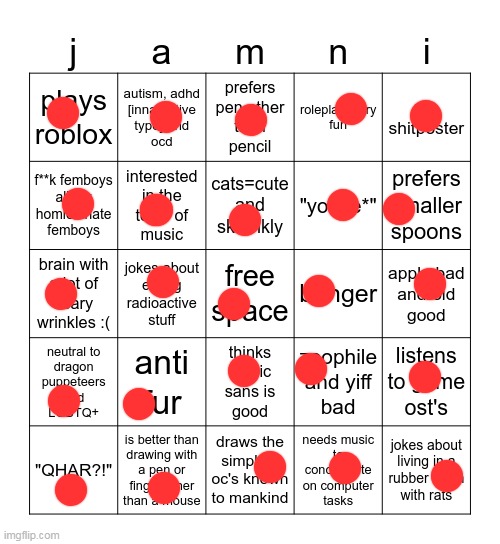 im the template creator, go ahead if you want to try his newly baked bingo | image tagged in jammymemefuel bingo | made w/ Imgflip meme maker