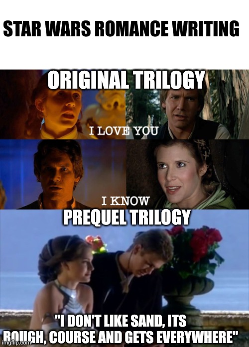 Star Wars Pickup Lines | STAR WARS ROMANCE WRITING; ORIGINAL TRILOGY; PREQUEL TRILOGY; "I DON'T LIKE SAND, ITS ROUGH, COURSE AND GETS EVERYWHERE" | image tagged in i don't like sand,anakin skywalker,anakin and padme,romance,star wars meme | made w/ Imgflip meme maker