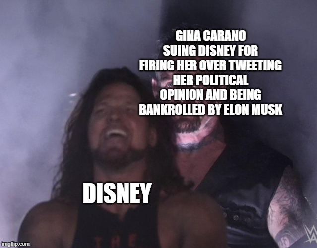 undertaker | GINA CARANO SUING DISNEY FOR FIRING HER OVER TWEETING HER POLITICAL OPINION AND BEING BANKROLLED BY ELON MUSK; DISNEY | image tagged in undertaker | made w/ Imgflip meme maker