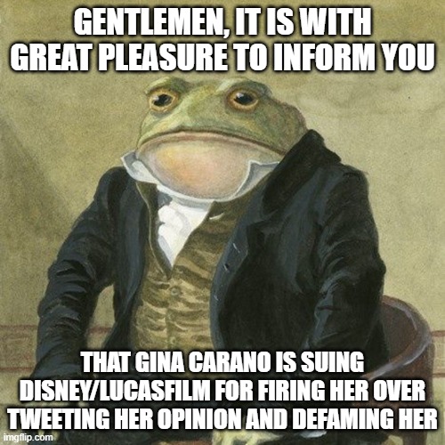 Gentlemen, it is with great pleasure to inform you that | GENTLEMEN, IT IS WITH GREAT PLEASURE TO INFORM YOU; THAT GINA CARANO IS SUING DISNEY/LUCASFILM FOR FIRING HER OVER TWEETING HER OPINION AND DEFAMING HER | image tagged in gentlemen it is with great pleasure to inform you that | made w/ Imgflip meme maker