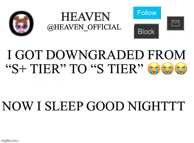 <3 | I GOT DOWNGRADED FROM “S+ TIER” TO “S TIER” 😭😭😭; NOW I SLEEP GOOD NIGHTTT | image tagged in heaven s template | made w/ Imgflip meme maker