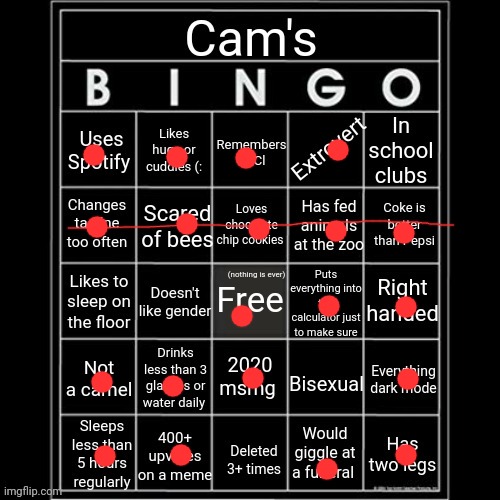dang how do I only have one bingo with all these marks | image tagged in iaintacamel's bingo | made w/ Imgflip meme maker
