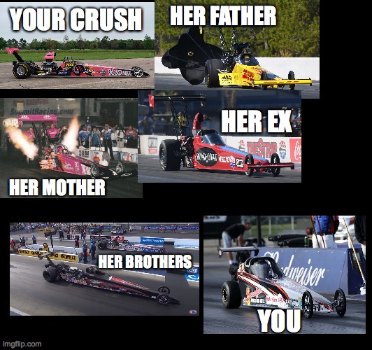Your Crush family | HER FATHER; YOUR CRUSH; HER EX; HER MOTHER; HER BROTHERS; YOU | image tagged in dragster,cars | made w/ Imgflip meme maker