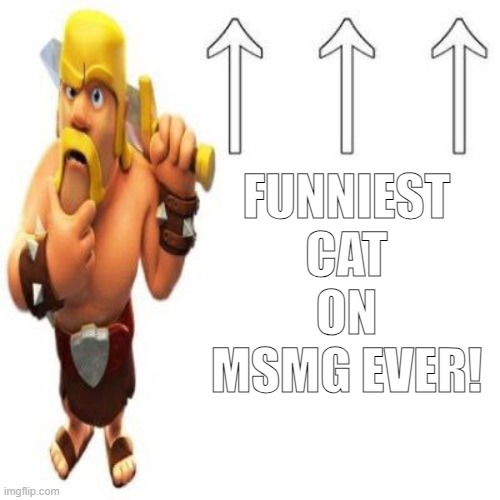 Clash of Clans Barbarian Pointing at the user above | FUNNIEST CAT ON MSMG EVER! | image tagged in clash of clans barbarian pointing at the user above | made w/ Imgflip meme maker