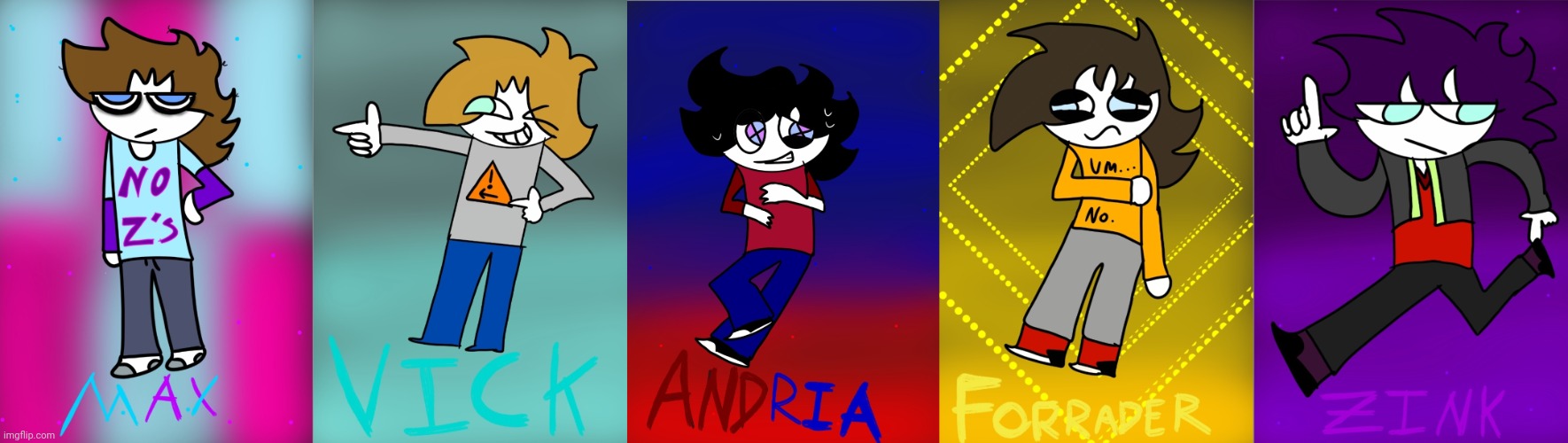 the gang is all here | image tagged in max,vick,andria,forrader,zink | made w/ Imgflip meme maker