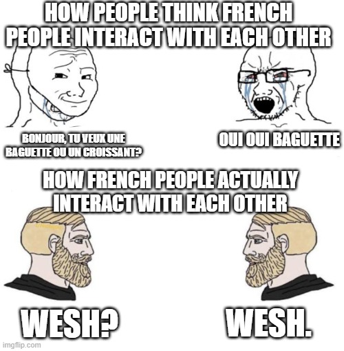 French people be like | HOW PEOPLE THINK FRENCH PEOPLE INTERACT WITH EACH OTHER; OUI OUI BAGUETTE; BONJOUR, TU VEUX UNE BAGUETTE OU UN CROISSANT? HOW FRENCH PEOPLE ACTUALLY INTERACT WITH EACH OTHER; WESH. WESH? | image tagged in chad we know | made w/ Imgflip meme maker