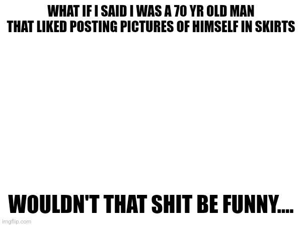 /j | WHAT IF I SAID I WAS A 70 YR OLD MAN THAT LIKED POSTING PICTURES OF HIMSELF IN SKIRTS; WOULDN'T THAT SHIT BE FUNNY.... | made w/ Imgflip meme maker