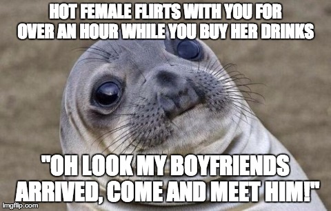 Awkward Moment Sealion Meme | HOT FEMALE FLIRTS WITH YOU FOR OVER AN HOUR WHILE YOU BUY HER DRINKS  "OH LOOK MY BOYFRIENDS ARRIVED, COME AND MEET HIM!" | image tagged in awkward sealion,AdviceAnimals | made w/ Imgflip meme maker