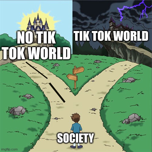 IMAGINE A WORLD WITHOUT TIK TOK | TIK TOK WORLD; NO TIK TOK WORLD; SOCIETY | image tagged in two paths | made w/ Imgflip meme maker