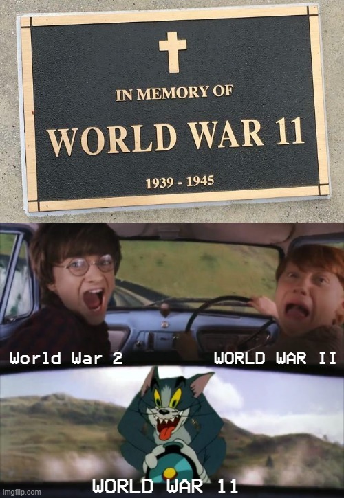 IN MEMORY OF WORLD WAR 11 | WORLD WAR II; World War 2; WORLD WAR 11 | image tagged in tom chasing harry and ron weasly,lol,you had one job,funny,memes,bruh moment | made w/ Imgflip meme maker