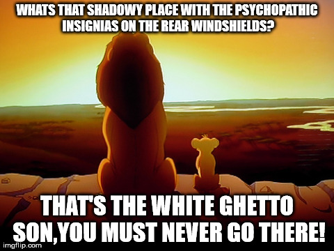 Lion King | WHATS THAT SHADOWY PLACE WITH THE PSYCHOPATHIC INSIGNIAS ON THE REAR WINDSHIELDS? THAT'S THE WHITE GHETTO SON,YOU MUST NEVER GO THERE! | image tagged in memes,lion king | made w/ Imgflip meme maker