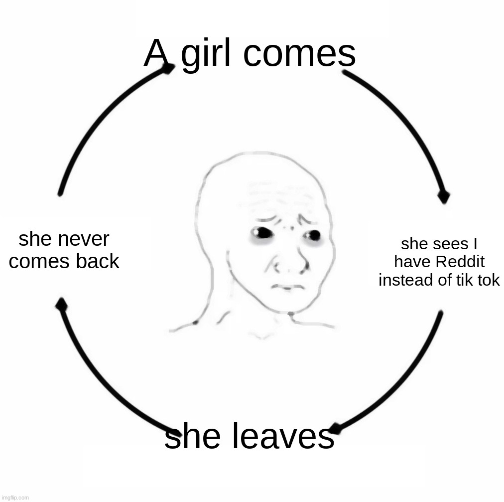 This is the life of a Redditer | A girl comes; she sees I have Reddit instead of tik tok; she never comes back; she leaves | image tagged in sad wojak cycle | made w/ Imgflip meme maker