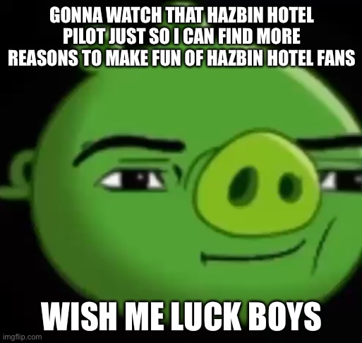 No | GONNA WATCH THAT HAZBIN HOTEL PILOT JUST SO I CAN FIND MORE REASONS TO MAKE FUN OF HAZBIN HOTEL FANS; WISH ME LUCK BOYS | image tagged in no | made w/ Imgflip meme maker