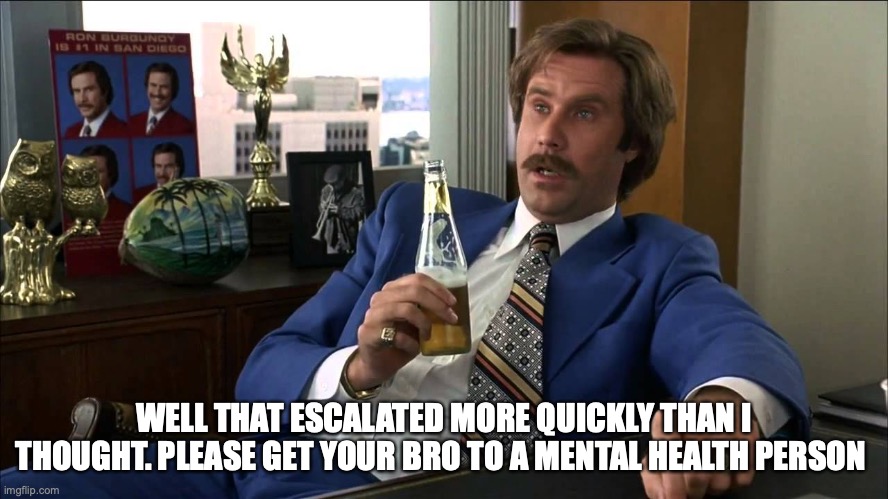 Boy, That Escalated Quickly | WELL THAT ESCALATED MORE QUICKLY THAN I THOUGHT. PLEASE GET YOUR BRO TO A MENTAL HEALTH PERSON | image tagged in boy that escalated quickly | made w/ Imgflip meme maker