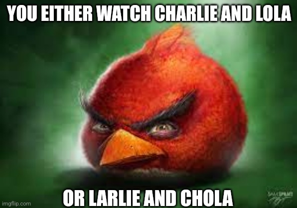 please boost this | YOU EITHER WATCH CHARLIE AND LOLA; OR LARLIE AND CHOLA | image tagged in realistic red angry birds | made w/ Imgflip meme maker