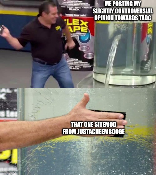 A Justacheemsdoge sitemod even disabled me from comenting | ME POSTING MY SLIGHTLY CONTROVERSIAL OPINION TOWARDS TADC; THAT ONE SITEMOD FROM JUSTACHEEMSDOGE | image tagged in flex tape | made w/ Imgflip meme maker