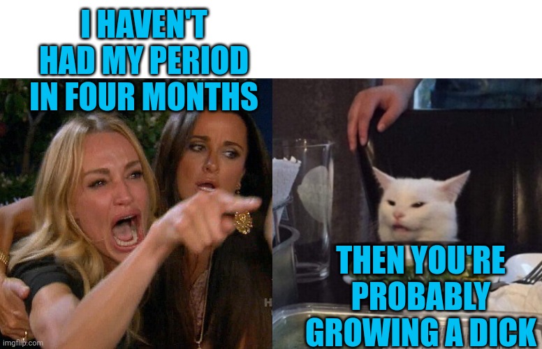 Period | I HAVEN'T HAD MY PERIOD IN FOUR MONTHS; THEN YOU'RE PROBABLY GROWING A DICK | image tagged in cat yelling | made w/ Imgflip meme maker