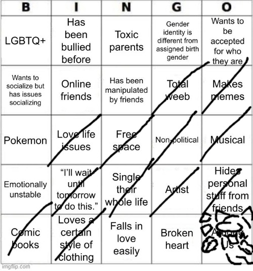 no i definitely did not take this whole bingo just to draw a cat amongus creature | image tagged in thesuitedgayweeb's bingo | made w/ Imgflip meme maker