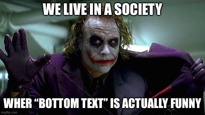 We live in a society | WE LIVE IN A SOCIETY; WHER “BOTTOM TEXT” IS ACTUALLY FUNNY | image tagged in we live in a society | made w/ Imgflip meme maker