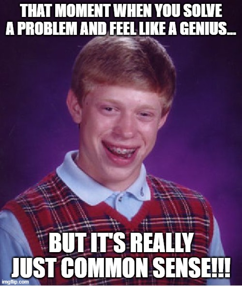 CorporateWorldMemes | THAT MOMENT WHEN YOU SOLVE A PROBLEM AND FEEL LIKE A GENIUS... BUT IT'S REALLY JUST COMMON SENSE!!! | image tagged in memes,bad luck brian | made w/ Imgflip meme maker