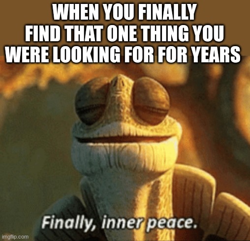Best feelings in the world | WHEN YOU FINALLY FIND THAT ONE THING YOU WERE LOOKING FOR FOR YEARS | image tagged in finally inner peace,free | made w/ Imgflip meme maker
