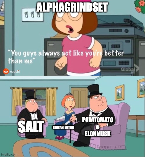You Guys always act like you're better than me | ALPHAGRINDSET; POTATOMATO & ELONMUSK; SALT; BIRYANIENTHU | image tagged in you guys always act like you're better than me | made w/ Imgflip meme maker