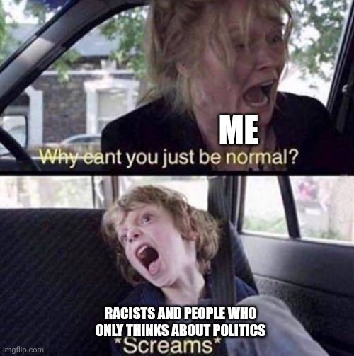 Why Can't You Just Be Normal | ME; RACISTS AND PEOPLE WHO ONLY THINKS ABOUT POLITICS | image tagged in why can't you just be normal | made w/ Imgflip meme maker