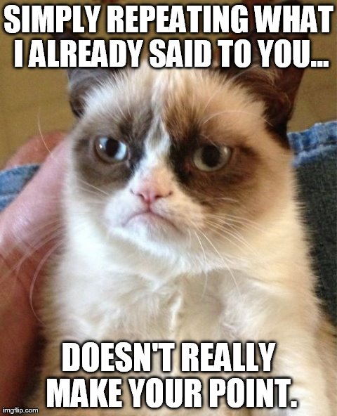 Grumpy Cat Meme | SIMPLY REPEATING WHAT I ALREADY SAID TO YOU... DOESN'T REALLY MAKE YOUR POINT. | image tagged in memes,grumpy cat | made w/ Imgflip meme maker