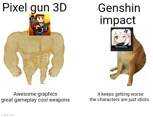 Why I hate genshin impact | Pixel gun 3D; Genshin impact; Awesome graphics great gameplay cool weapons; it keeps getting worse the characters are just idiots | image tagged in memes,buff doge vs cheems,genshin impact,pixel gun 3d,i hate it | made w/ Imgflip meme maker