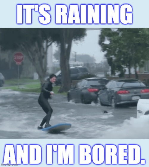 What? | IT'S RAINING; AND I'M BORED. | image tagged in memes,fun,raining,surf,down,street | made w/ Imgflip meme maker