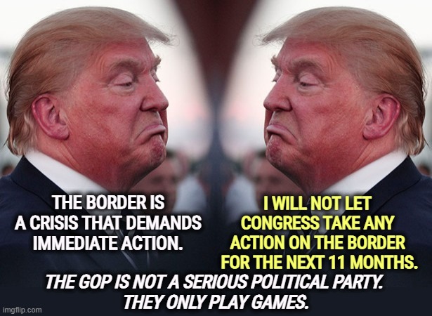 More Trump double talk. | THE BORDER IS A CRISIS THAT DEMANDS IMMEDIATE ACTION. I WILL NOT LET 
CONGRESS TAKE ANY 
ACTION ON THE BORDER 
FOR THE NEXT 11 MONTHS. THE GOP IS NOT A SERIOUS POLITICAL PARTY. 
THEY ONLY PLAY GAMES. | image tagged in secure the border,blocked,trump,maga,congress,double talk | made w/ Imgflip meme maker