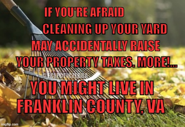Rake | IF YOU'RE AFRAID; CLEANING UP YOUR YARD; MAY ACCIDENTALLY RAISE; YOUR PROPERTY TAXES. MORE!... @ECLECTICZEBRA; YOU MIGHT LIVE IN; FRANKLIN COUNTY, VA | image tagged in rake | made w/ Imgflip meme maker