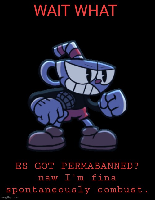 cuphead | WAIT WHAT; ES GOT PERMABANNED?
naw I'm fina spontaneously combust. | image tagged in cuphead | made w/ Imgflip meme maker